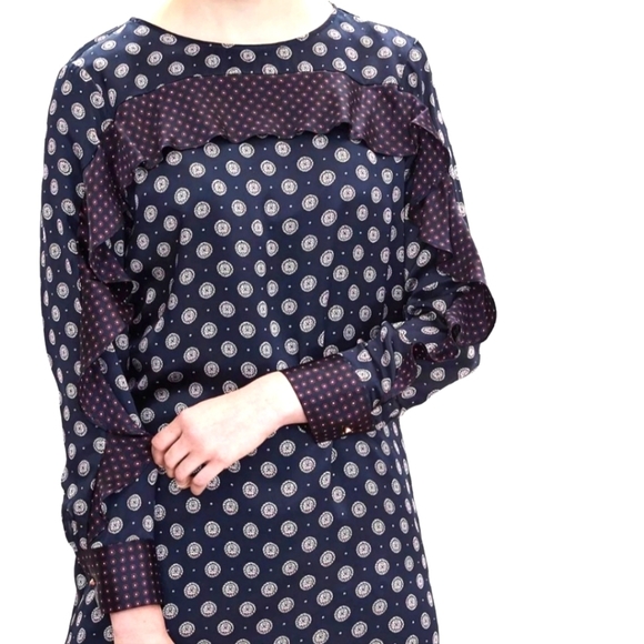 Banana Republic 100% Silk Navy Foulard Ruffle Mini Dress Women’s 0P Petite NWOT - Picture 5 of 17